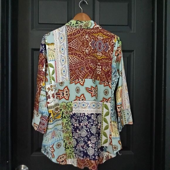 Boho Chic NWT Sz. M Multi Color Patchwork 3/4 Sleeve Button Up Blouse - Picture 14 of 16
